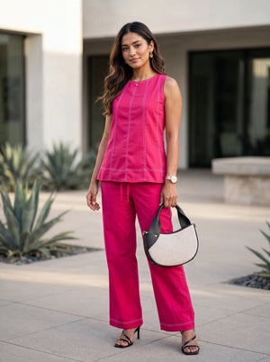 Pink Contrast-Stitch Sleeveless Top & Wide-Leg Pants Co-Ord Set