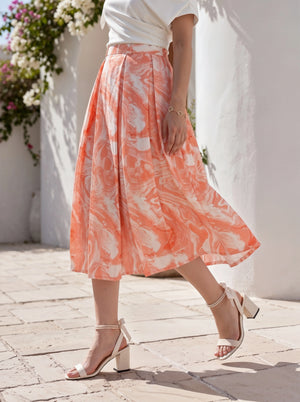 Coral Marble Printed Pleated Midi Skirt