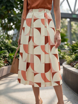 Peach Geometric Printed Pleated Midi Skirt