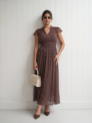 Brown Polka Dot Flutter Sleeve Maxi Dress