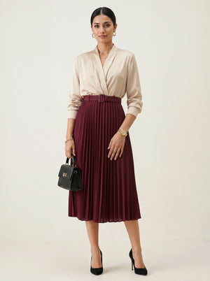 Burgundy Pleated Midi Skirt with Belt