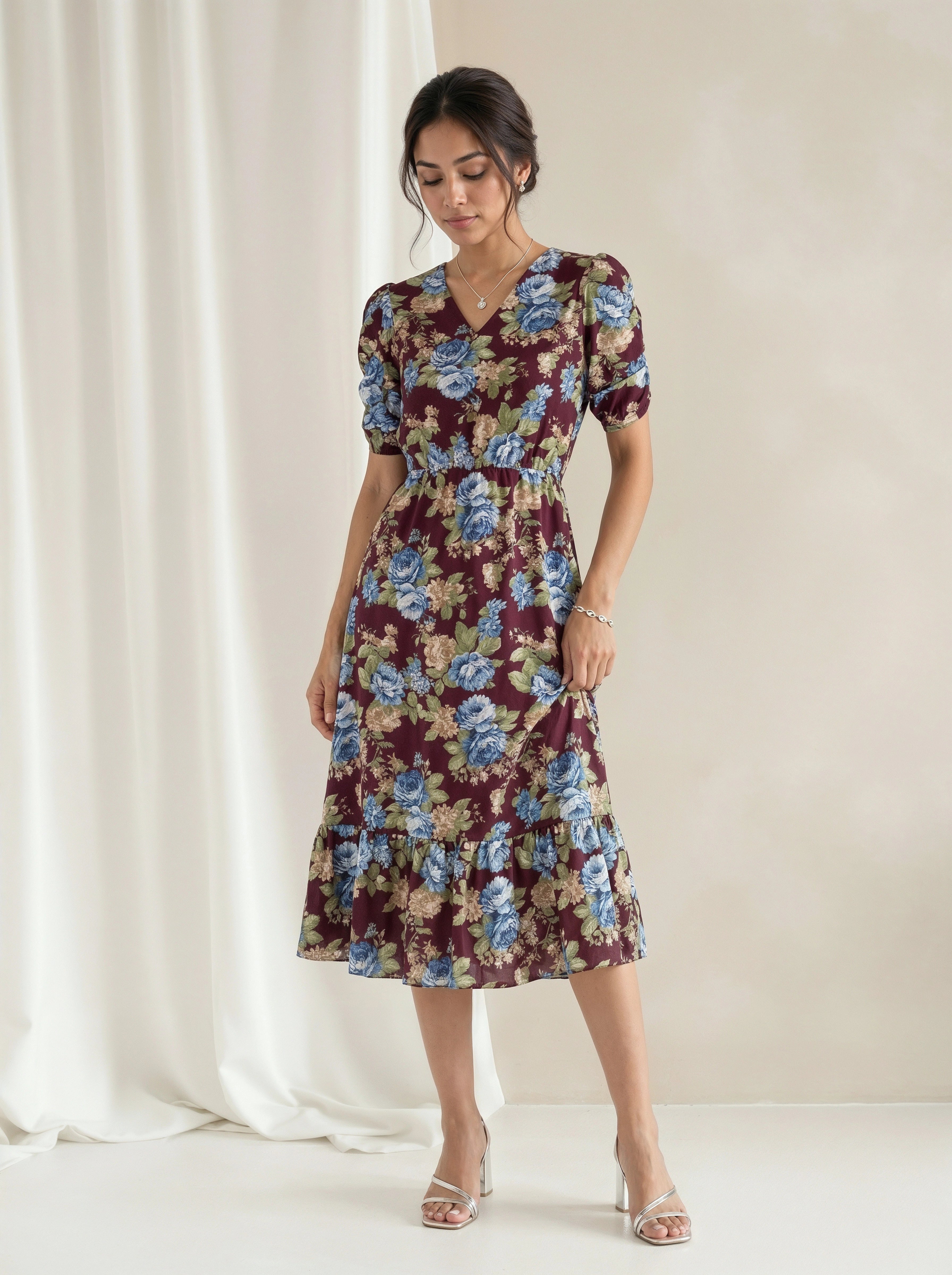 Burgundy Floral Print V-Neck Fit & Flare Dress for Women – EverMore