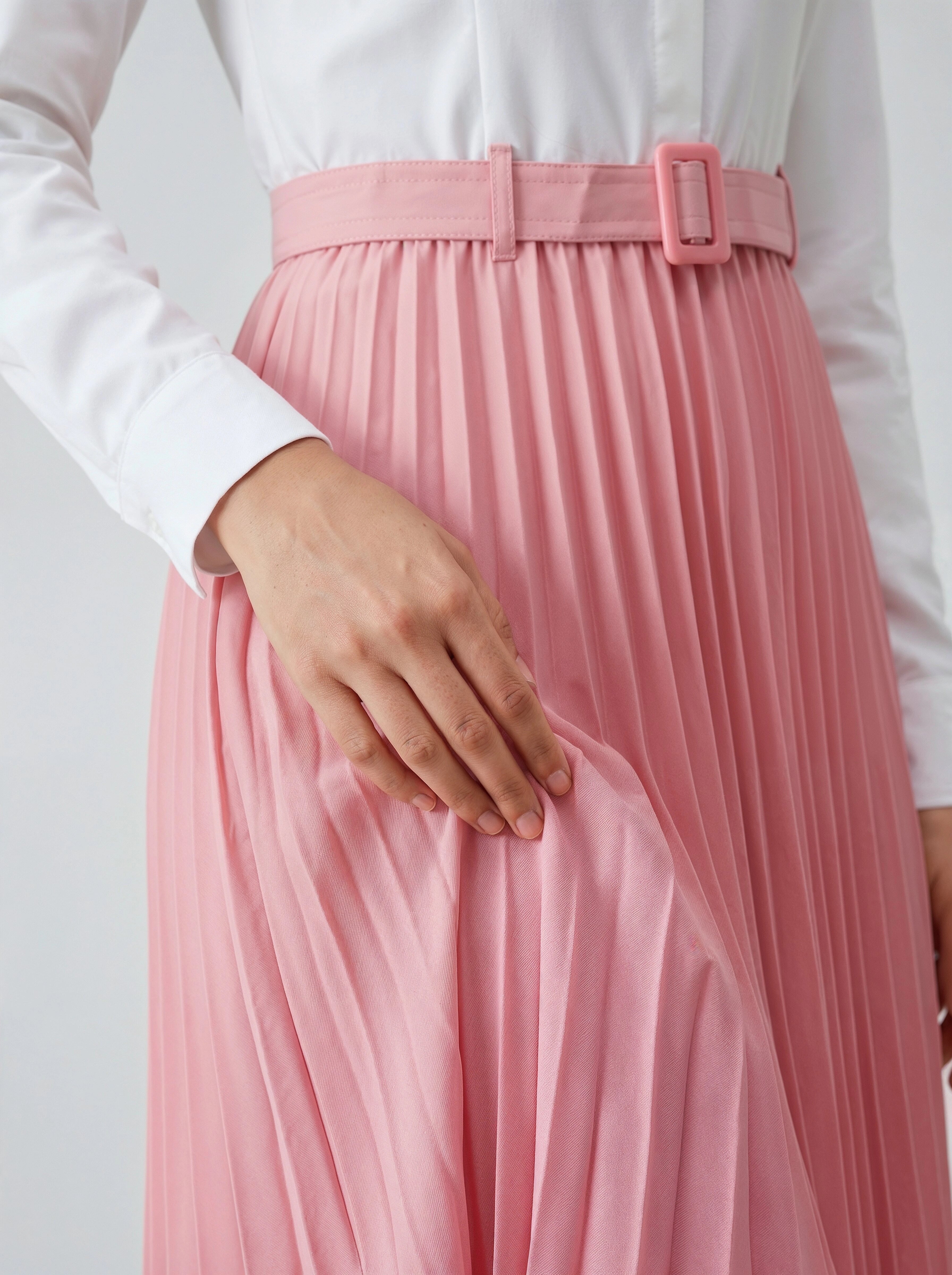 Pink Pleated Midi Skirt with Belt | Elegant Day-to-Evening Style
