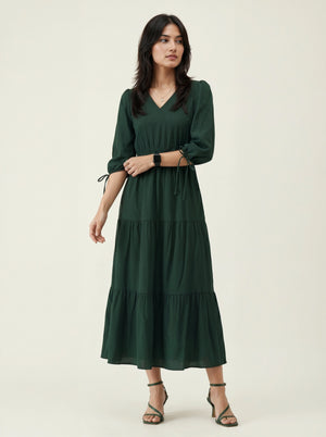 Dark Green Tiered Midi Dress with Tie-Up Sleeves