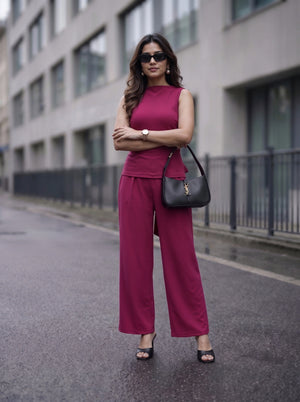 Wine Sleeveless Bow Back Co-Ord Set