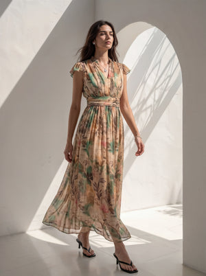 Beige Floral Print Flutter Sleeve Maxi Dress