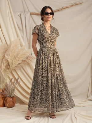 Leopard Print Flutter Sleeve Maxi Dress