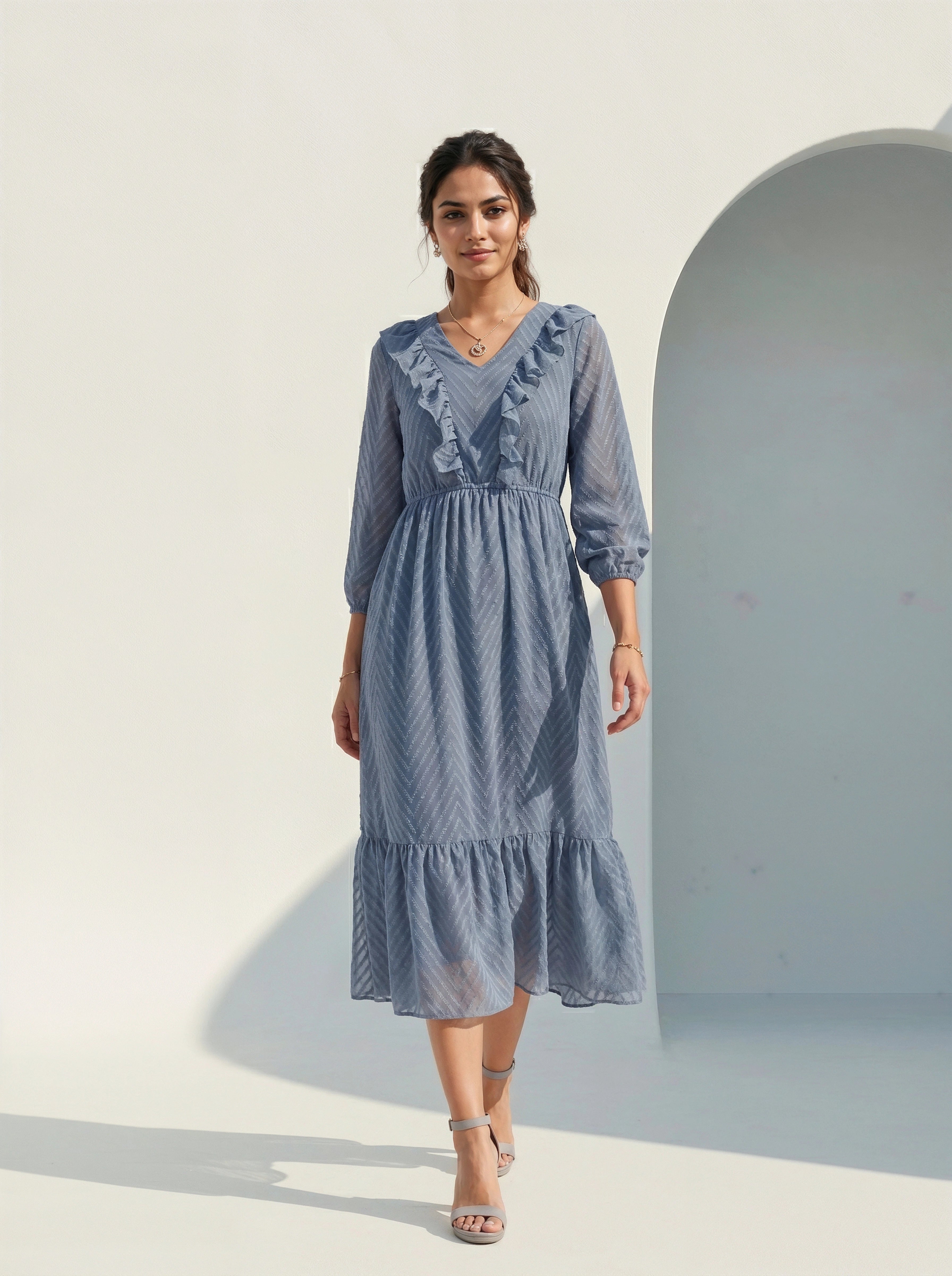 women's dusty blue dress Ruffle Detail V-Neck Midi for Women – EverMore Size:XXL / 12 st-club-dresses Breastfeeding Wedding Guest Dresses Perfect for any formal