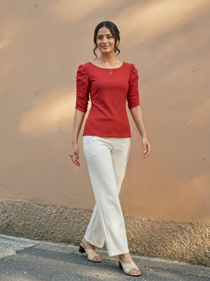 Red Puff Sleeve Round Neck Top