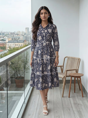 Navy Floral Print Belted Shirt Collar Dress