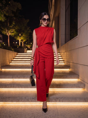 Red Draped Sleeveless Co-Ord Set
