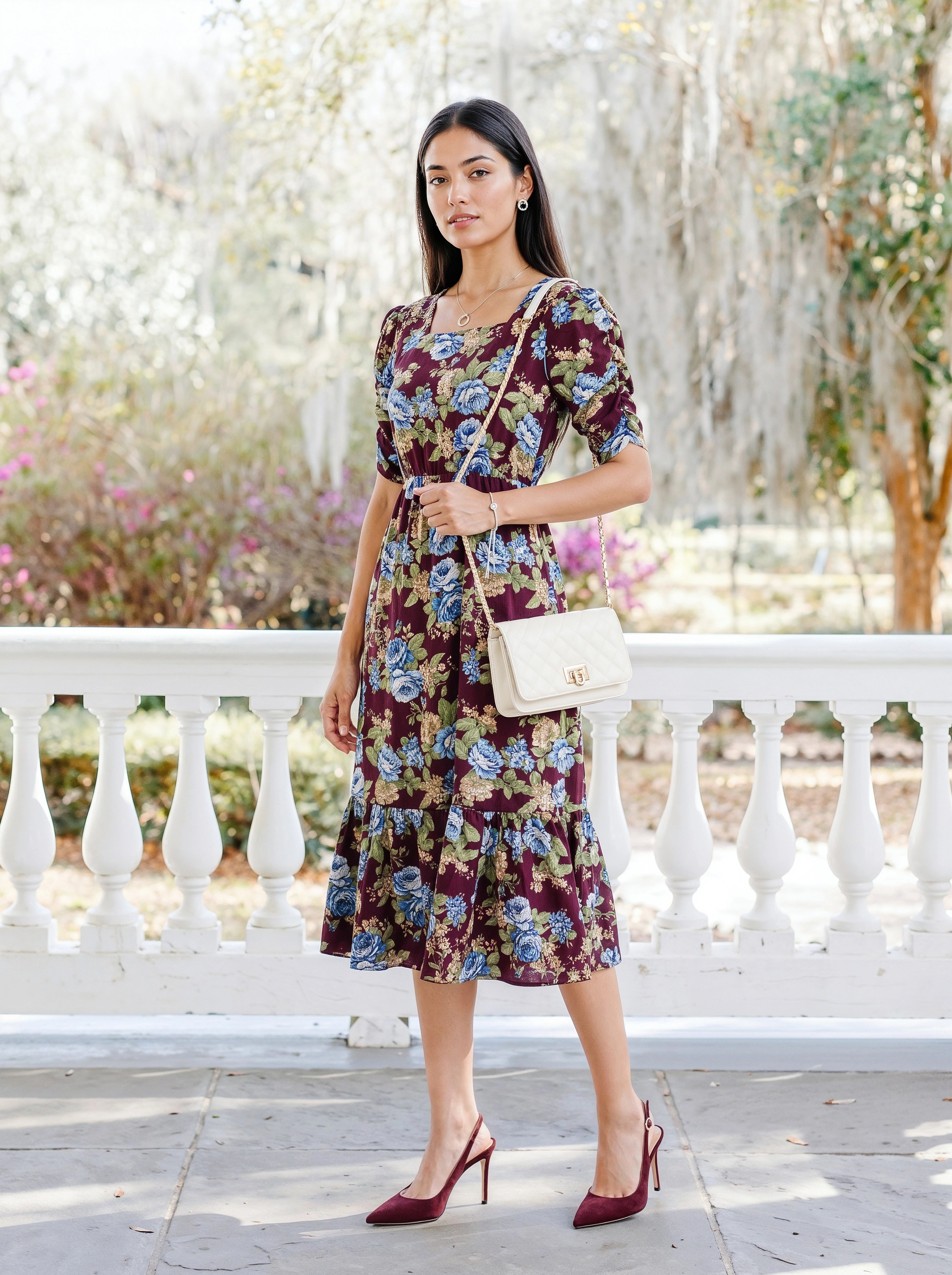 square neck fit and flare dress Burgundy Floral Print & for Women – EverMore Boho-inspired Adjustable straps Deluxe Dressing Table with Select Shoes Size:44
