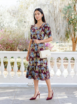 Burgundy Floral Print Square Neck Fit & Flare Dress