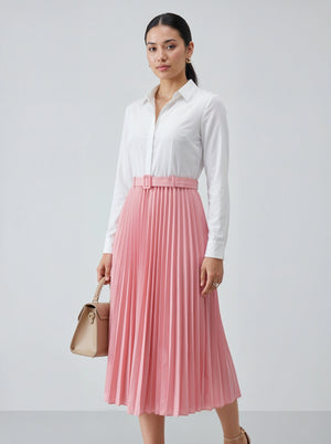 Pink Pleated Midi Skirt with Belt