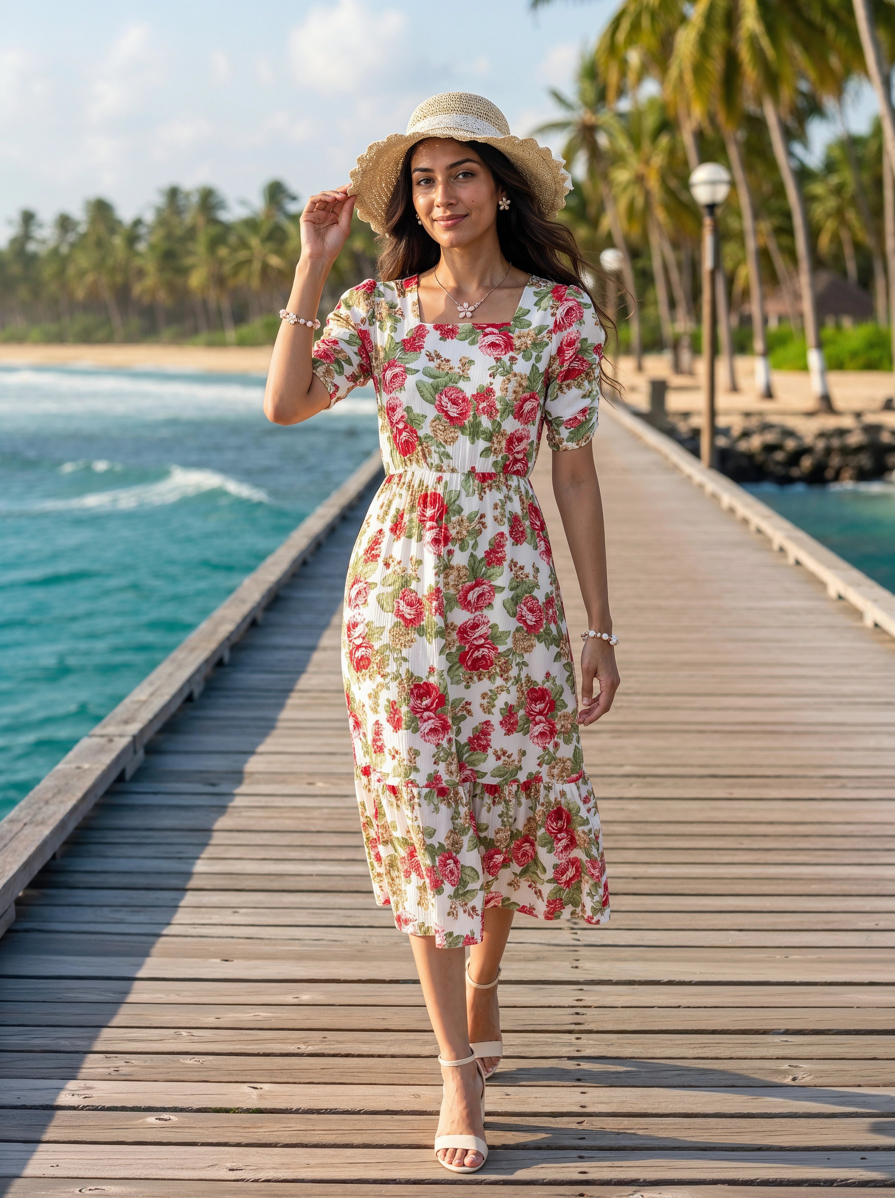 holiday fit and flare dresses Ivory Floral Print Square Neck & Dress for Women – EverMore Women's Christmas Dress New Web Collection: High Neck 5% SpandexFabric offers stretch SIZE:XXSMALL