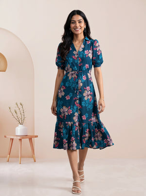Teal Floral Print Shirt Collar Fit & Flare Dress