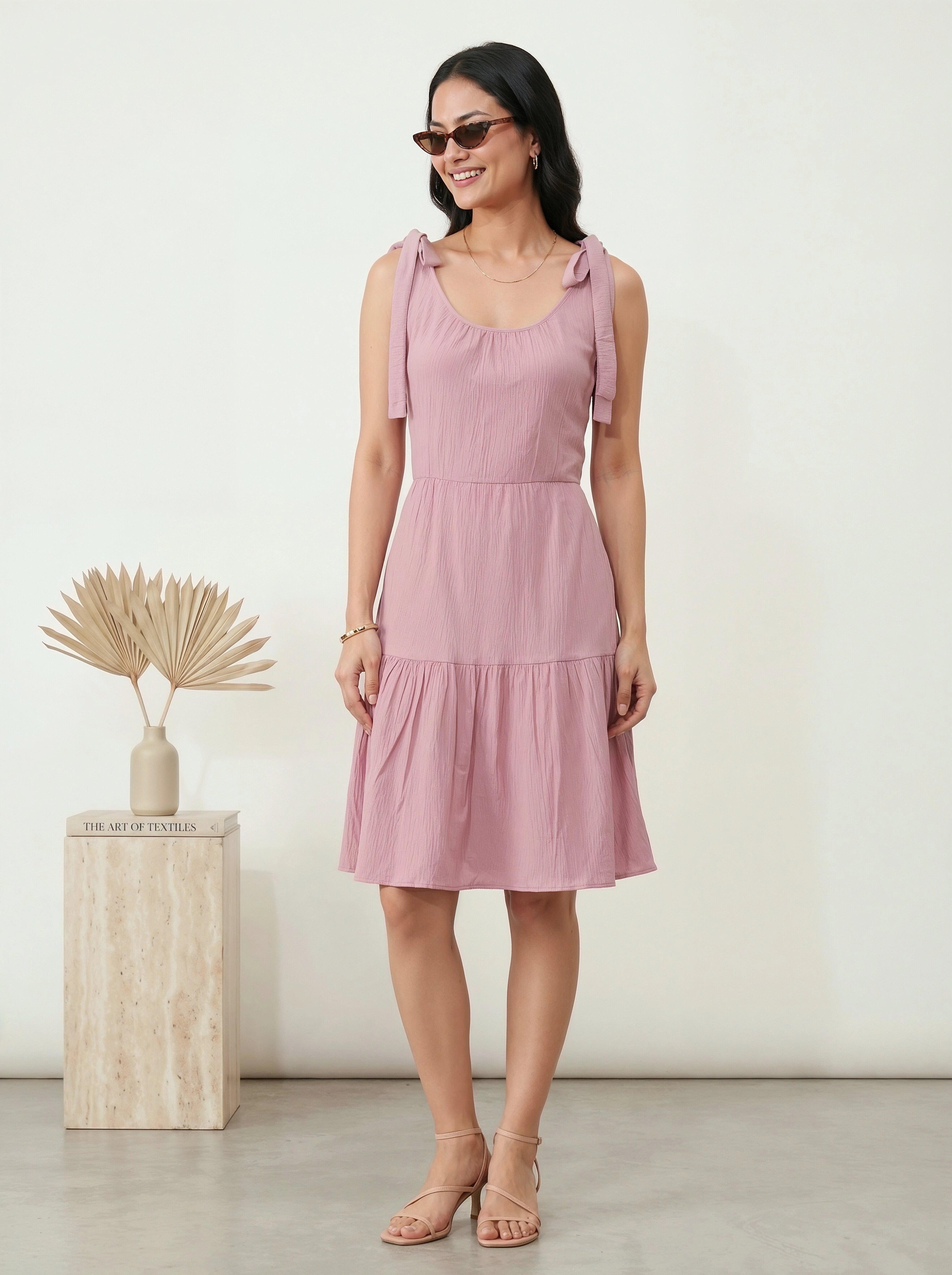 pink tie shoulder dress Blush Tie-Shoulder Flared for Women – EverMore Hollywood Homecoming Dresses Hollywood CHINOS_PANTS The flowing ruffled skirt Color:Lilac Rosemary