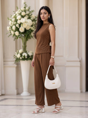 Brown Sleeveless Bow Back Co-Ord Set