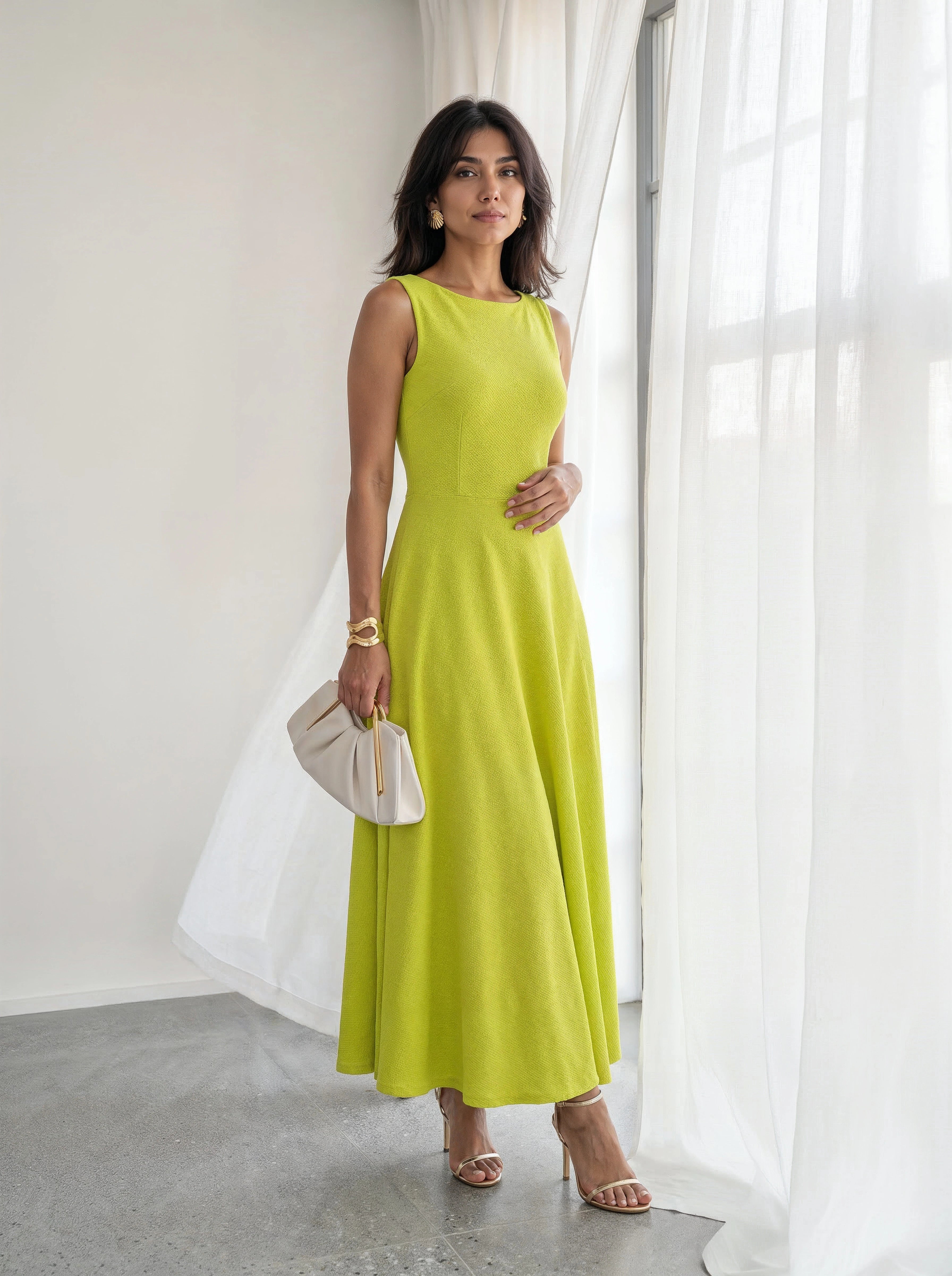 Lime Green Sleeveless Flared Maxi Dress