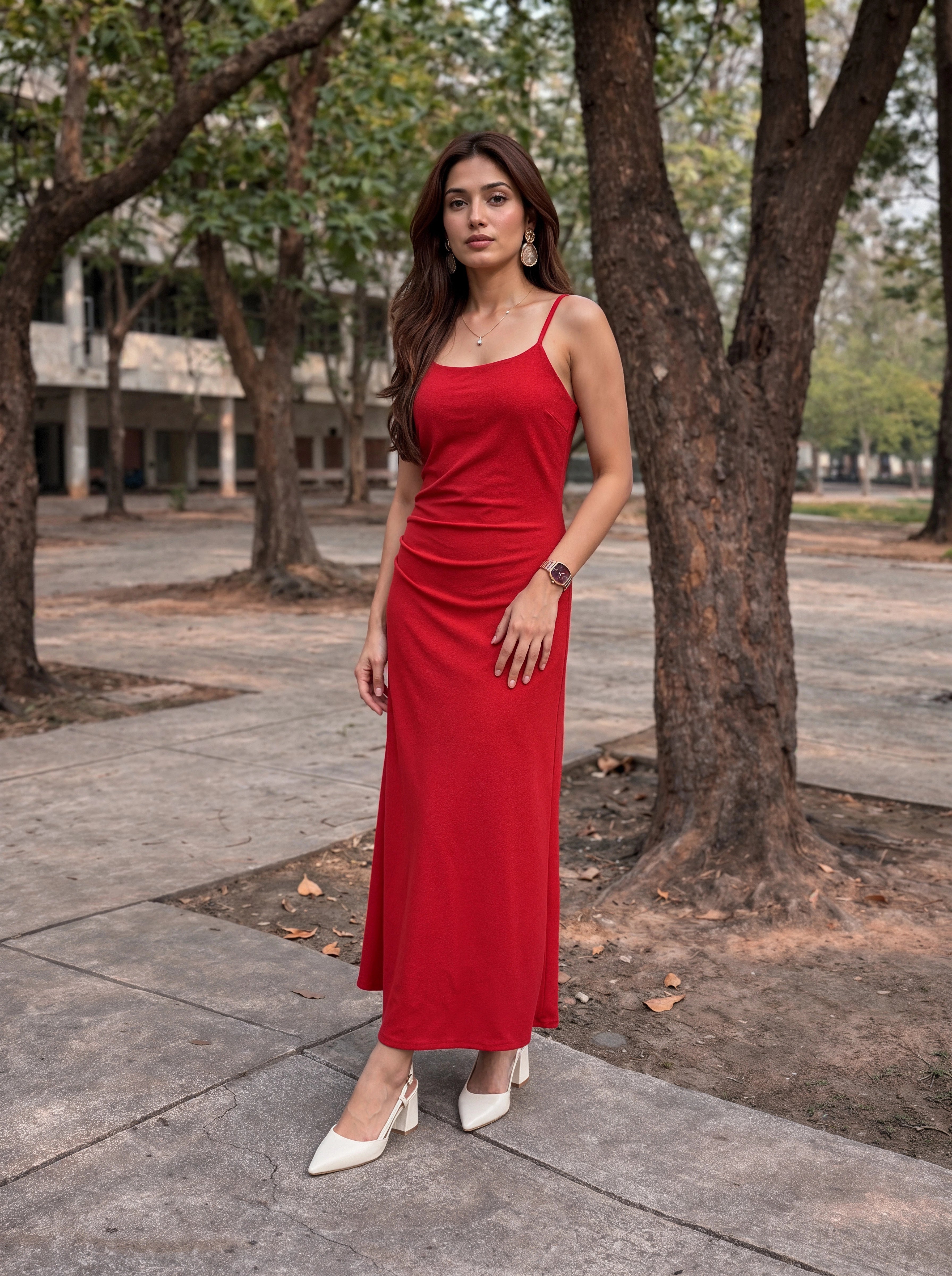 Red Strappy Ruched Maxi Dress
