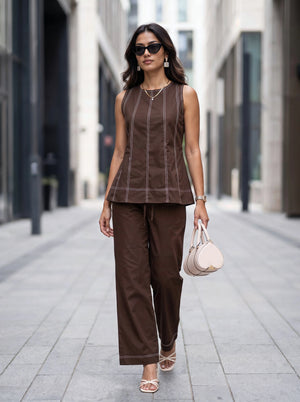 Brown Contrast Stitch Co-Ord Set