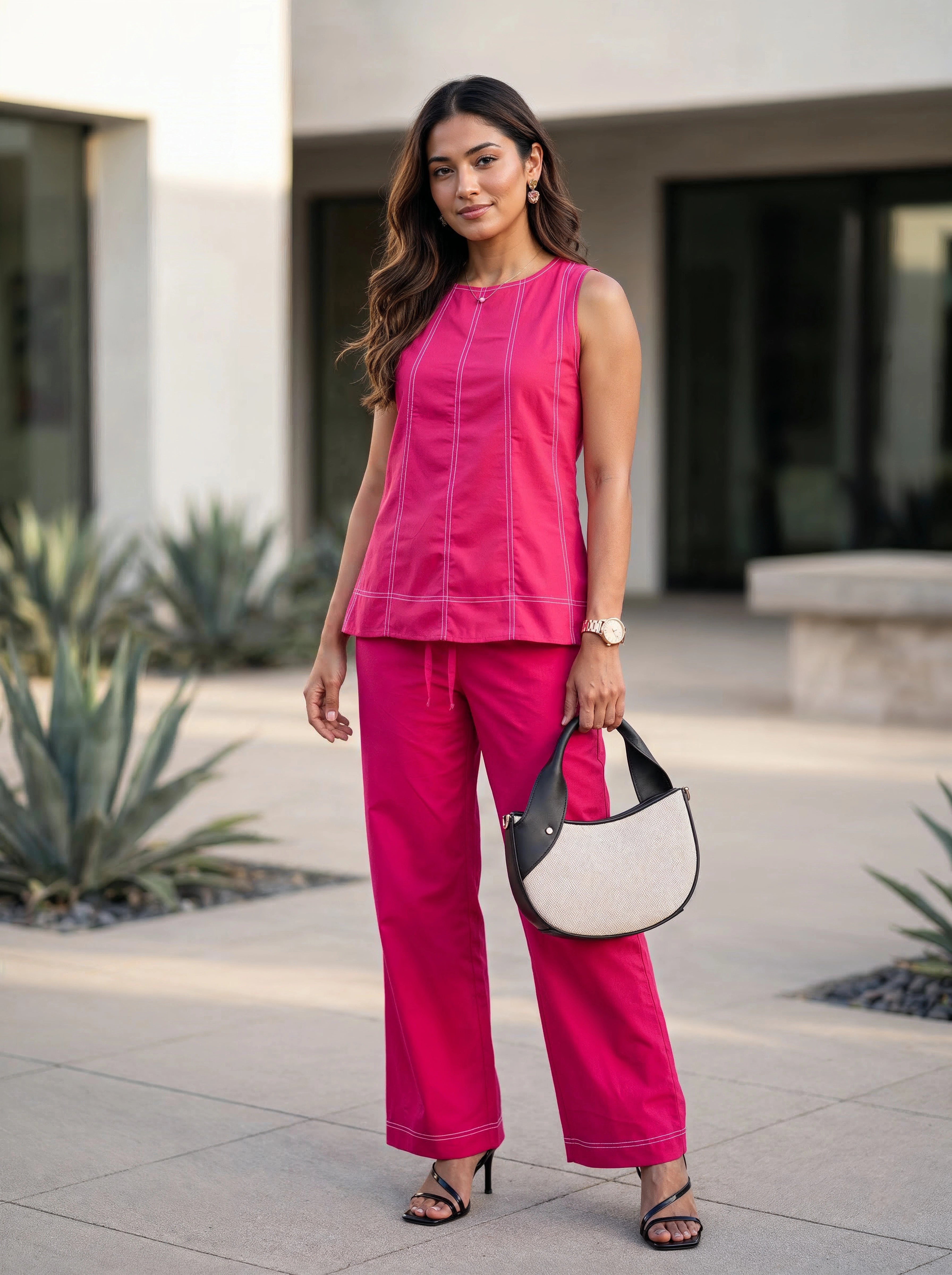 Pink Contrast-Stitch Sleeveless Top & Wide-Leg Pants Co-Ord Set