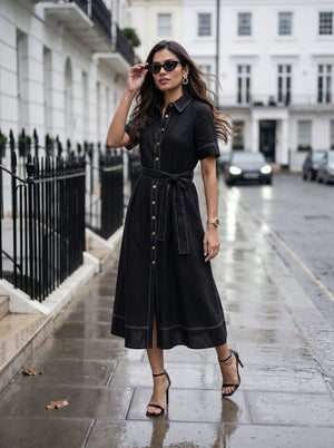 Black Shirt Dress with Contrast Stitching & Waist Tie