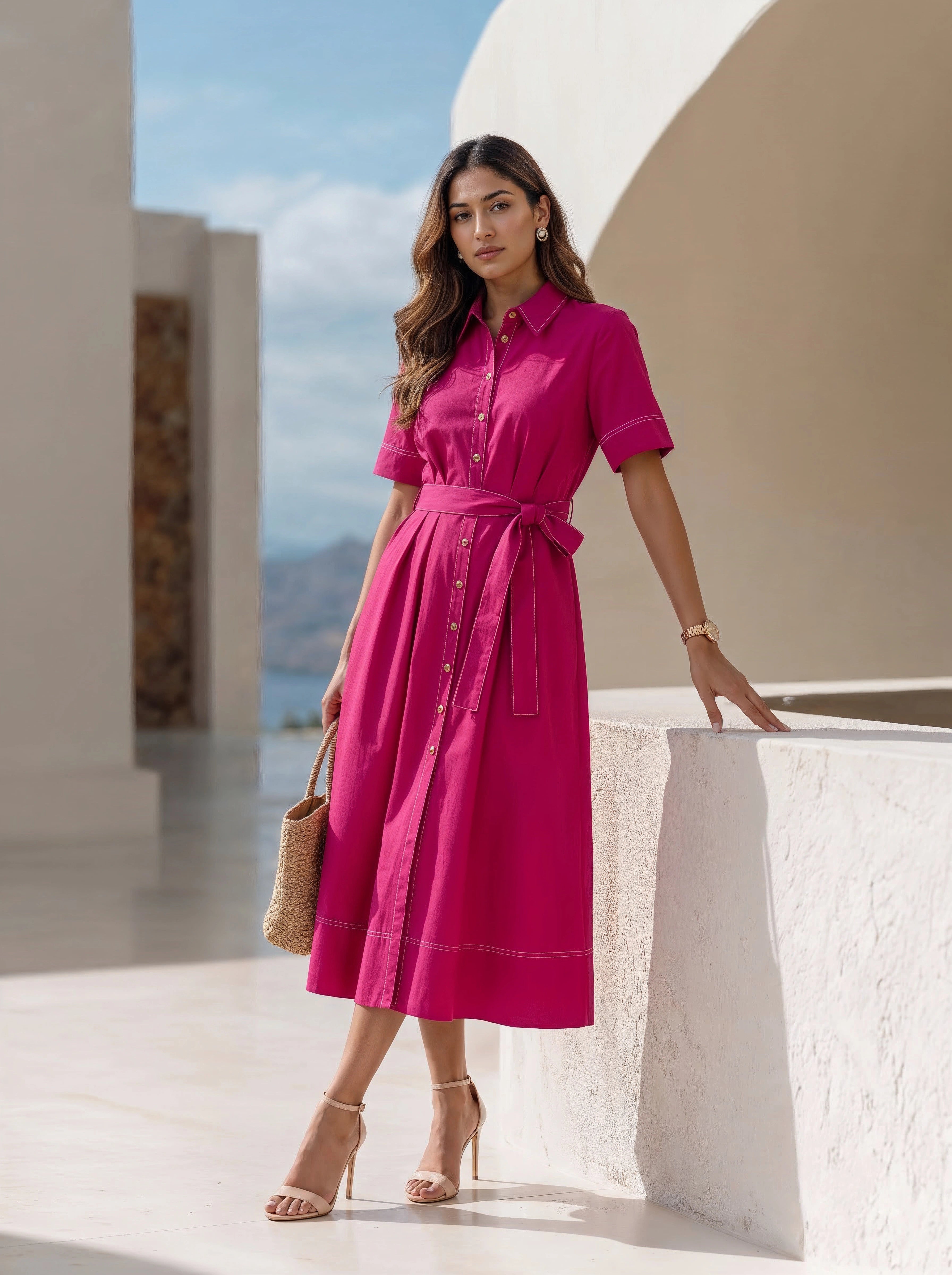 Fuchsia Pink Pleated Midi Skirt