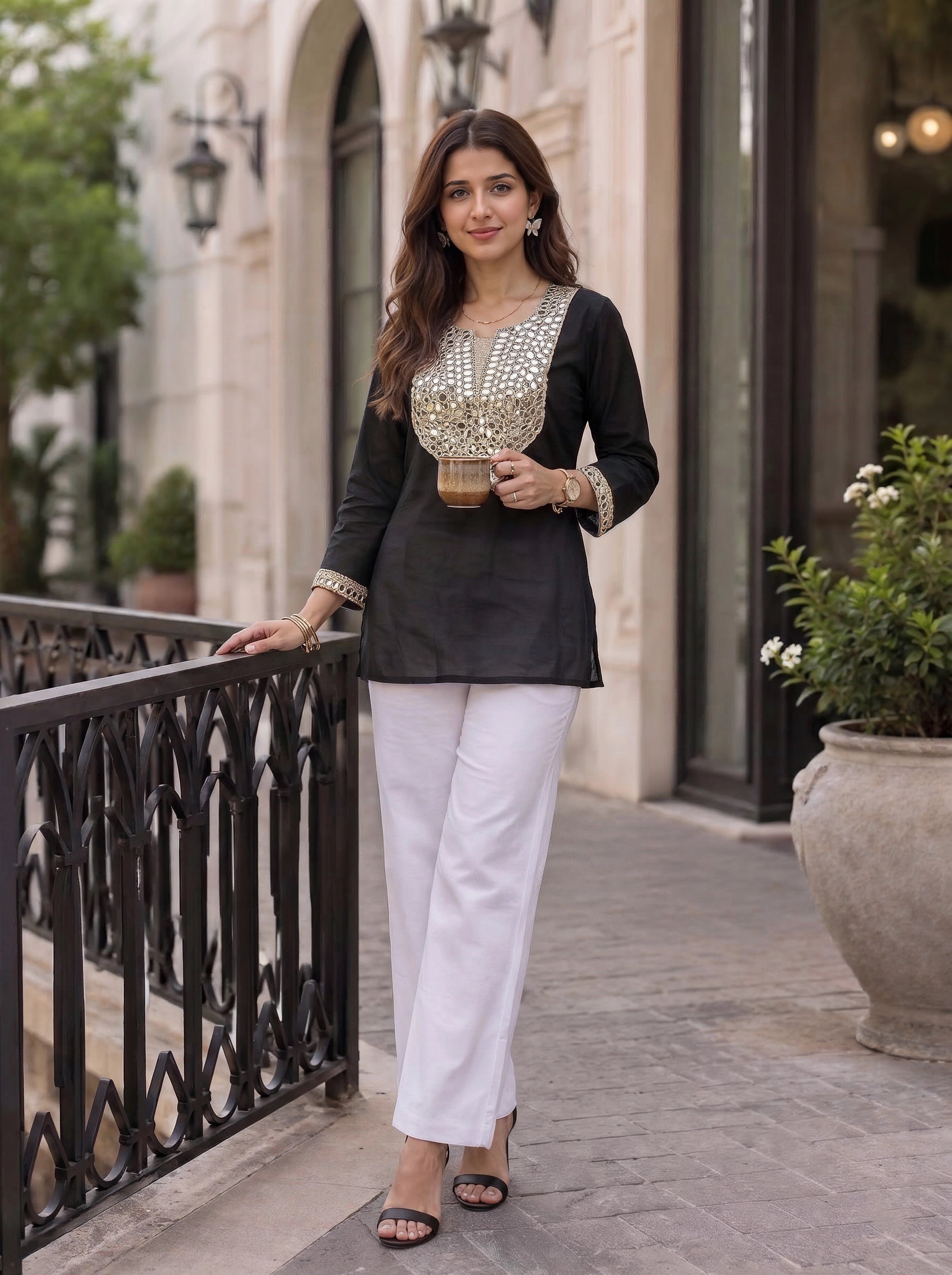 Black Mirror Embellished Sheer Sleeve Party Top