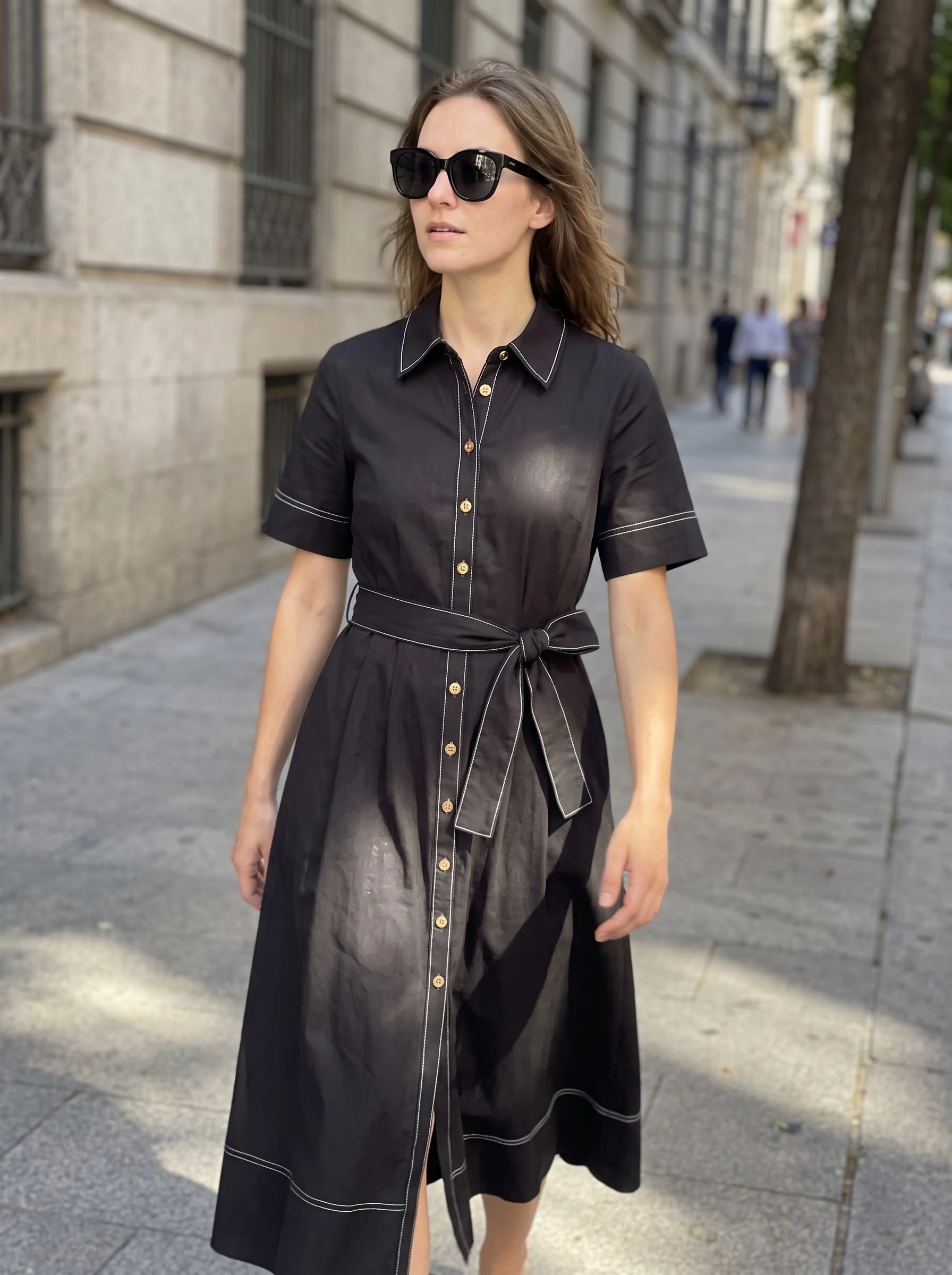 Black Shirt Dress with Contrast Stitching & Waist Tie