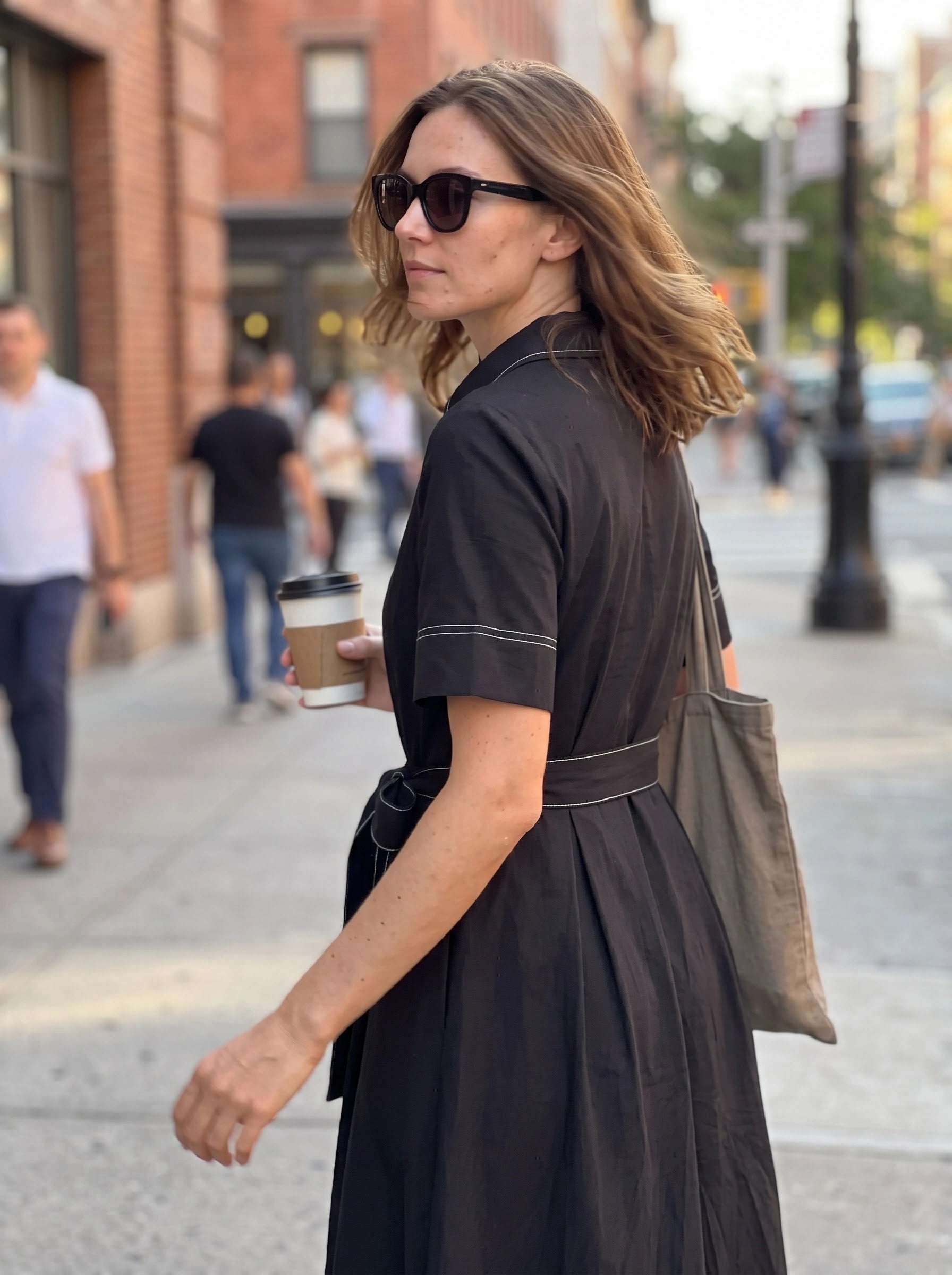 Black Shirt Dress with Contrast Stitching & Waist Tie