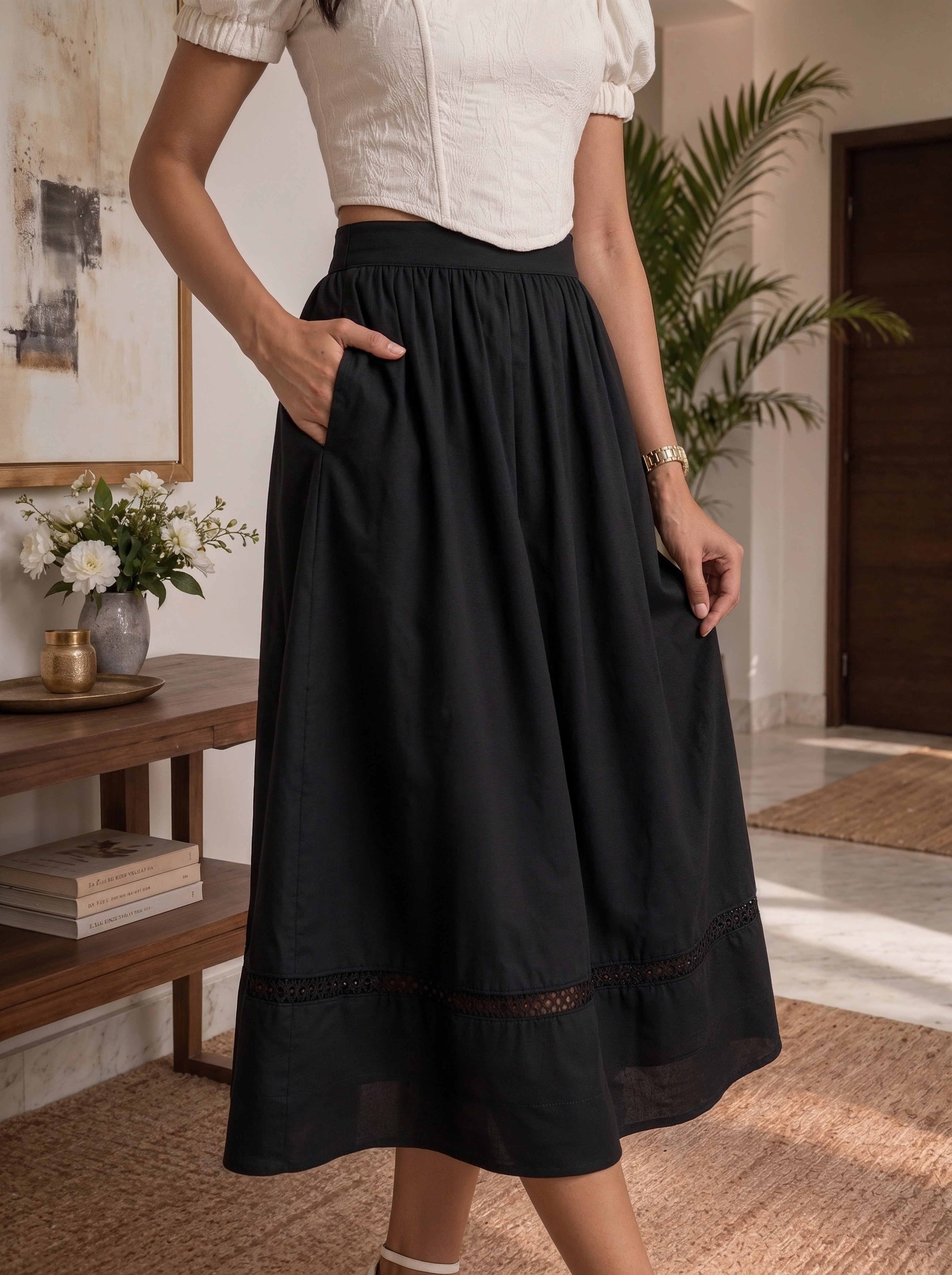 Black Gathered A-Line Midi Skirt