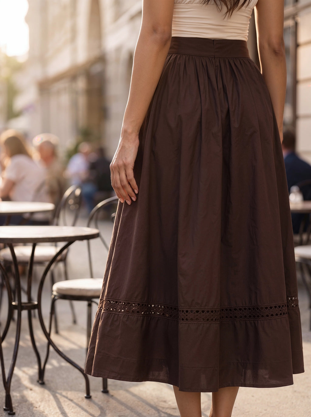Brown Gathered A-Line Midi Skirt