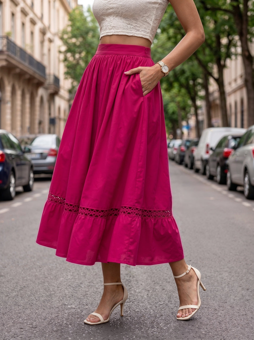 Pink Gathered A-Line Midi Skirt