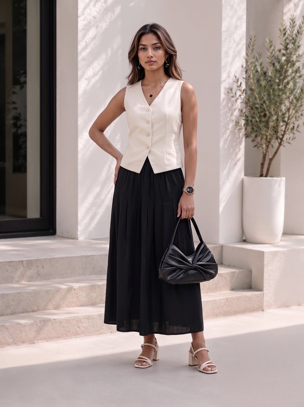 Ivory & Black Sleeveless Vest Co-Ord Set