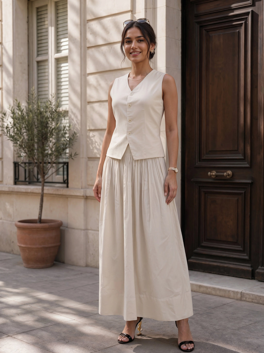 Ivory Sleeveless Button Front Co-Ord Set