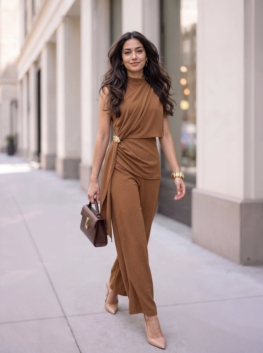 Mocha Draped Sleeveless Co-Ord Set