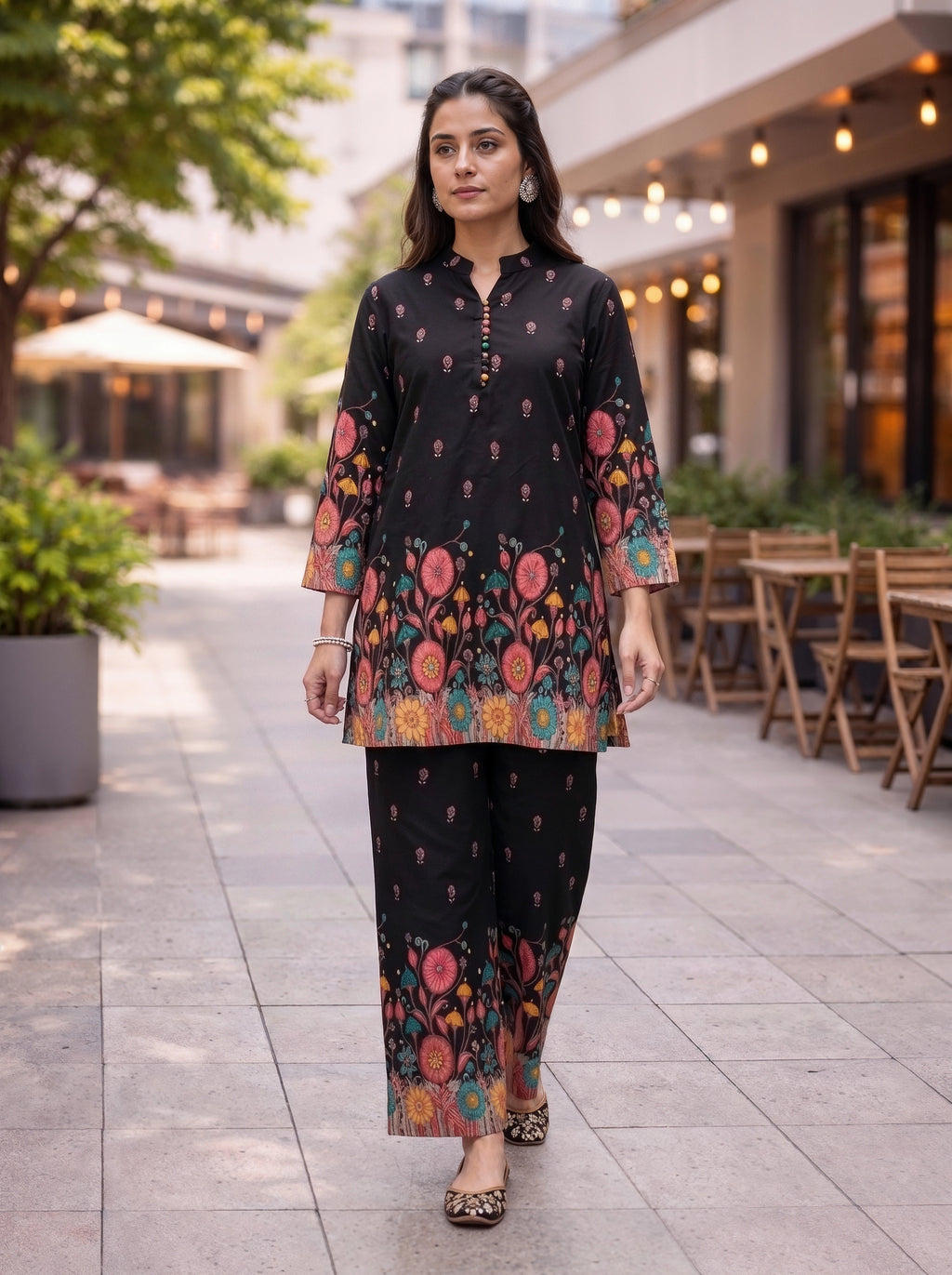 Black Floral Printed Kurta Co-Ord Set