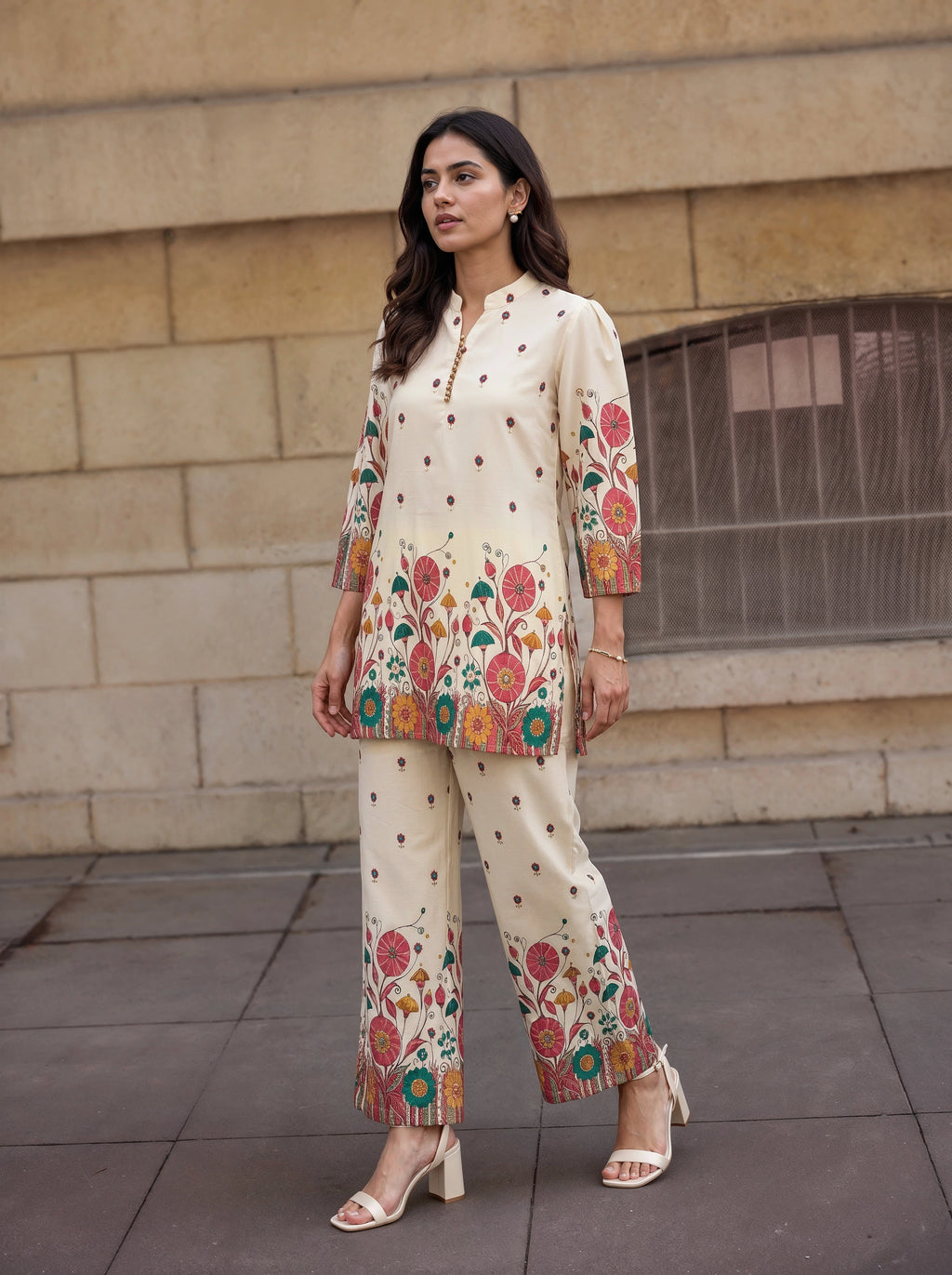 Ivory Floral Printed Kurta Co-Ord Set
