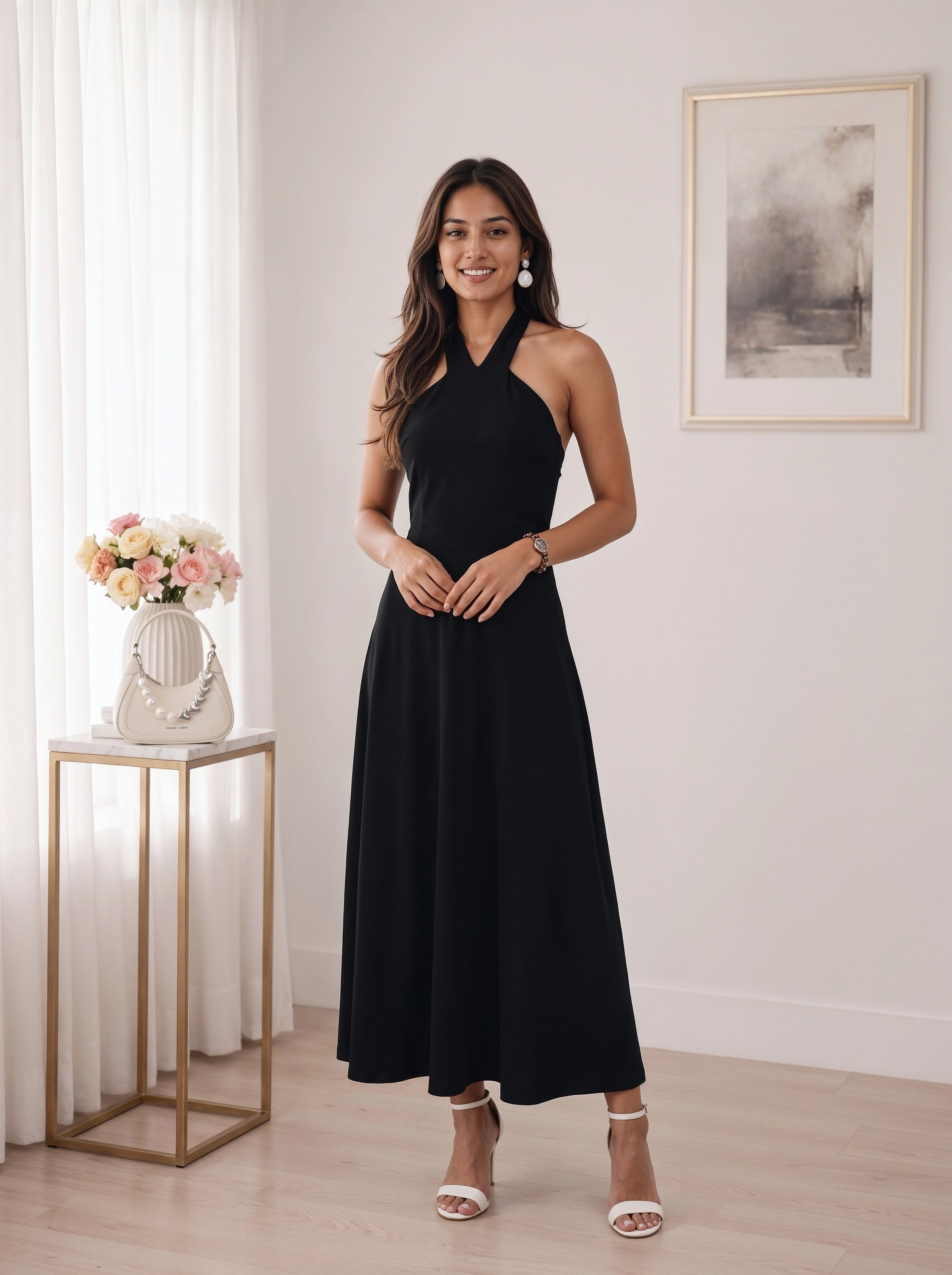 Black Halter Neck A-Line Maxi Dress