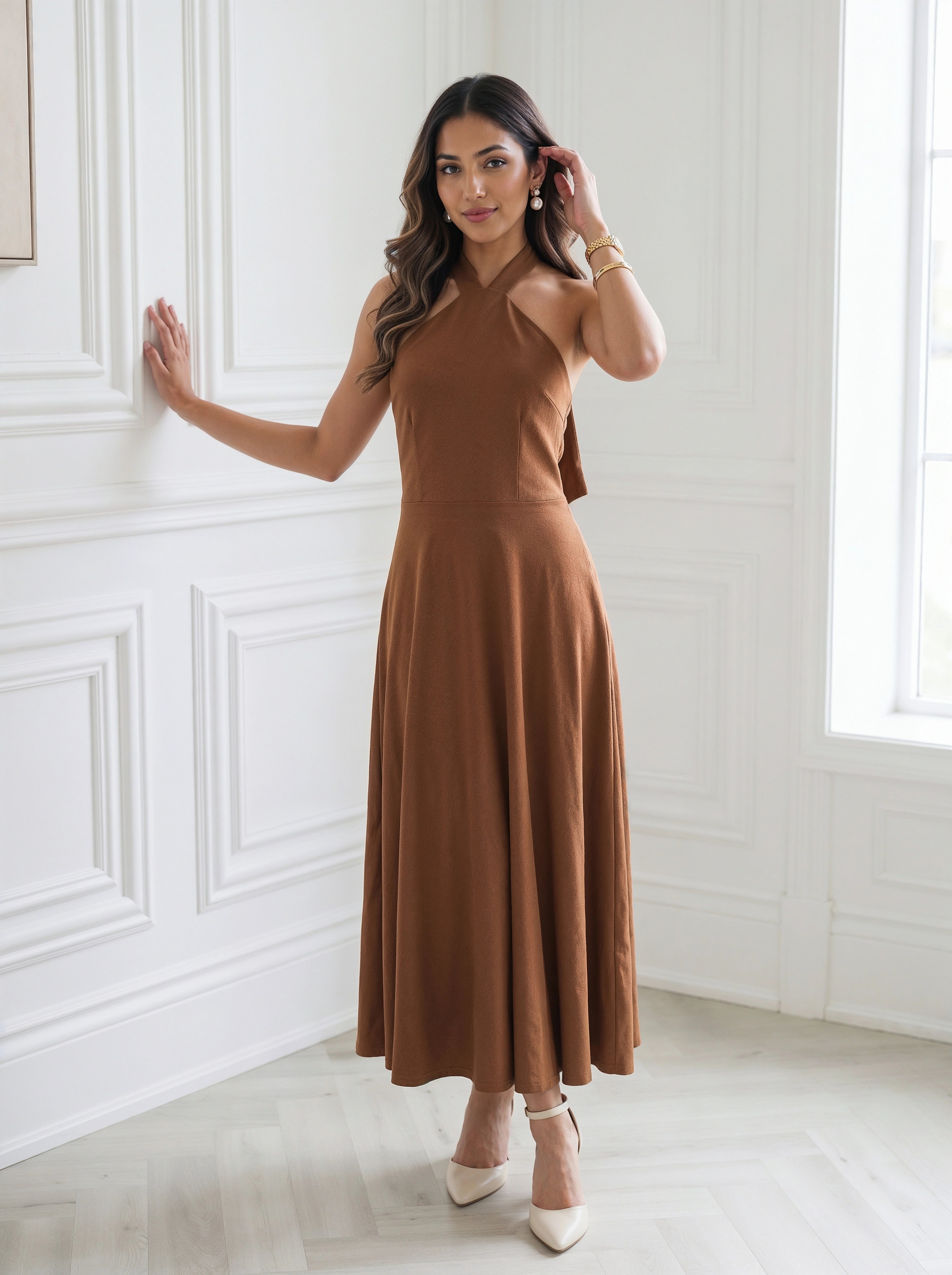Mocha Brown Halter Neck Flared Midi Dress
