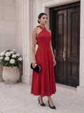 Ruby Red Halter Neck Flared Midi Dress