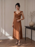 Mocha Ruched Cut-Out Slit Midi Dress