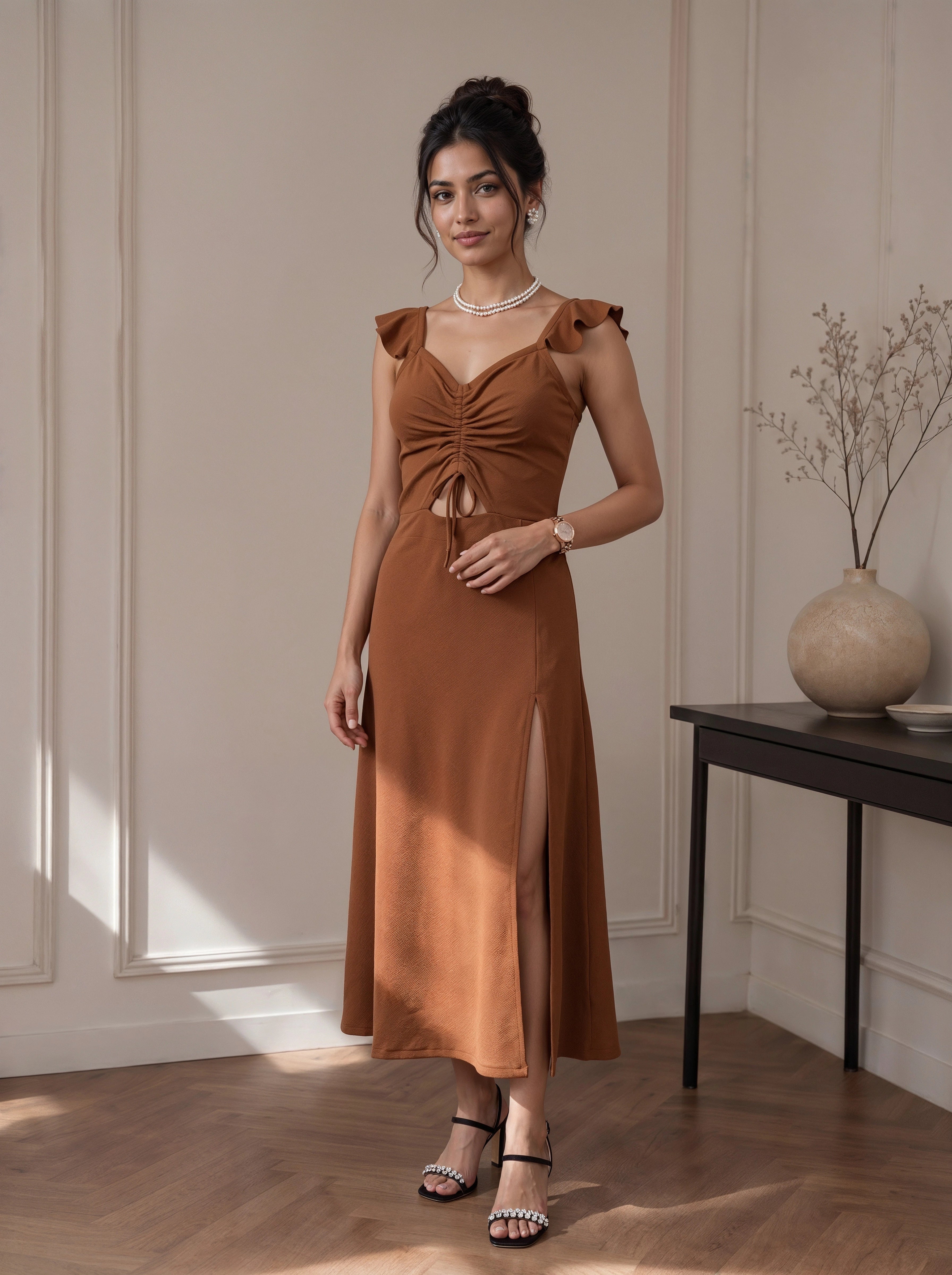 Mocha Ruched Cut-Out Slit Midi Dress