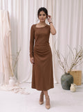 Mocha One-Shoulder Ruched Midi Dress