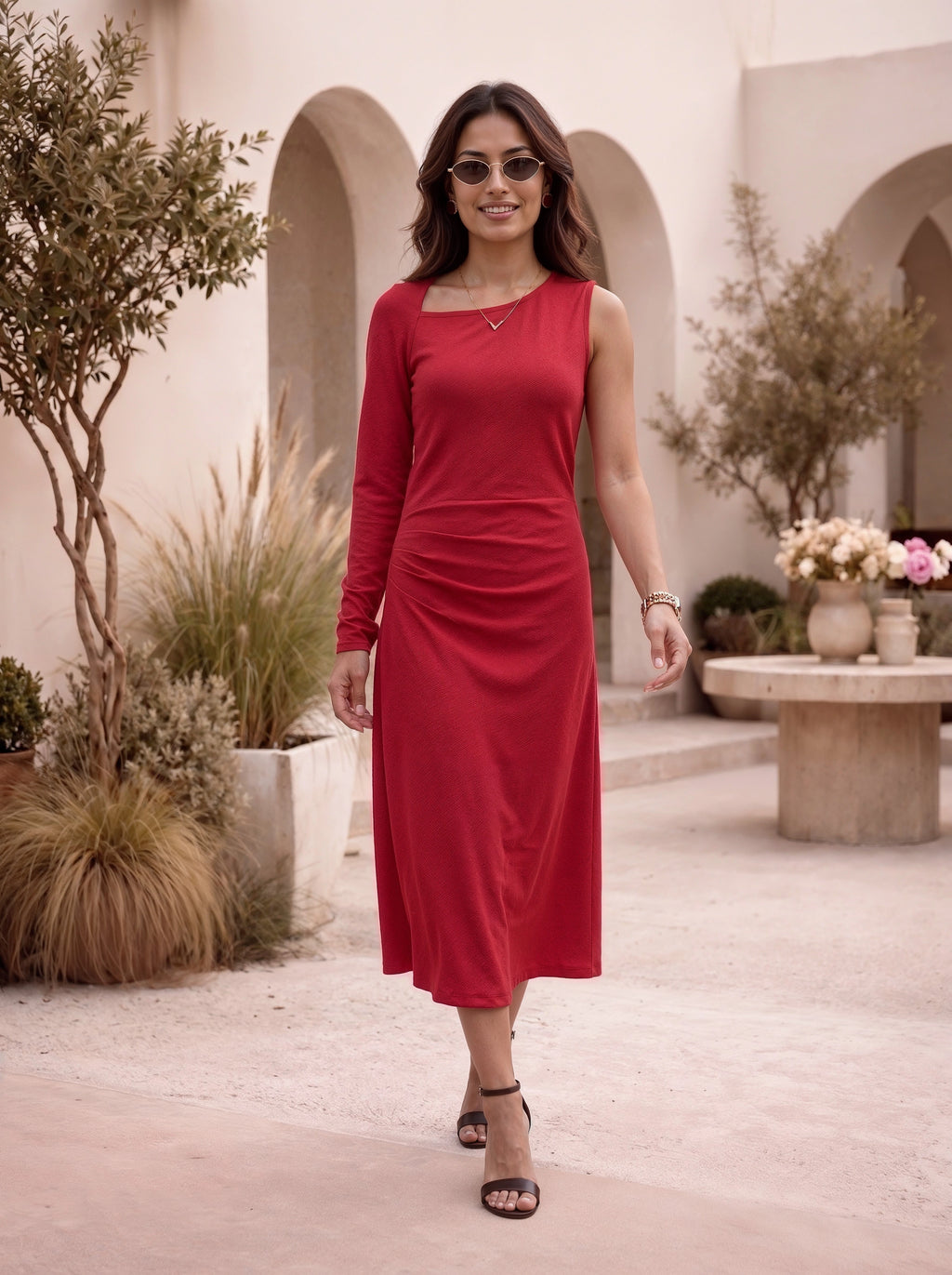Ruby Red One-Shoulder Ruched Midi Dress