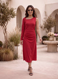 Ruby Red One-Shoulder Ruched Midi Dress