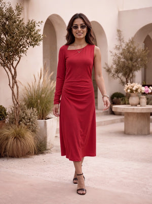 Ruby Red One-Shoulder Ruched Midi Dress