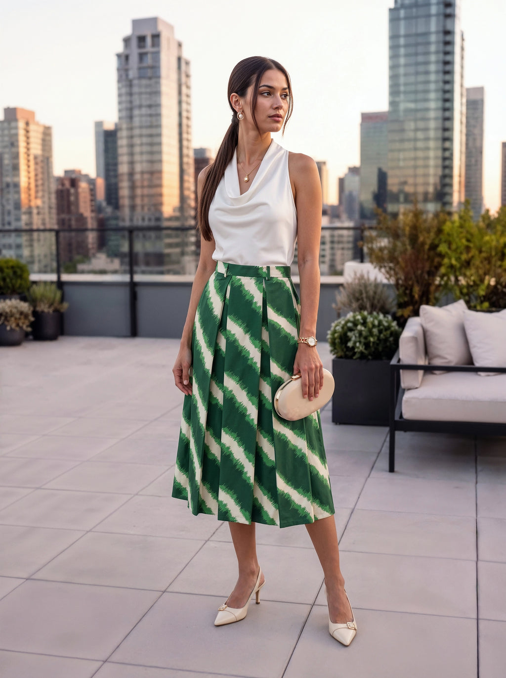 Green Printed Pleated A-Line Midi Skirt