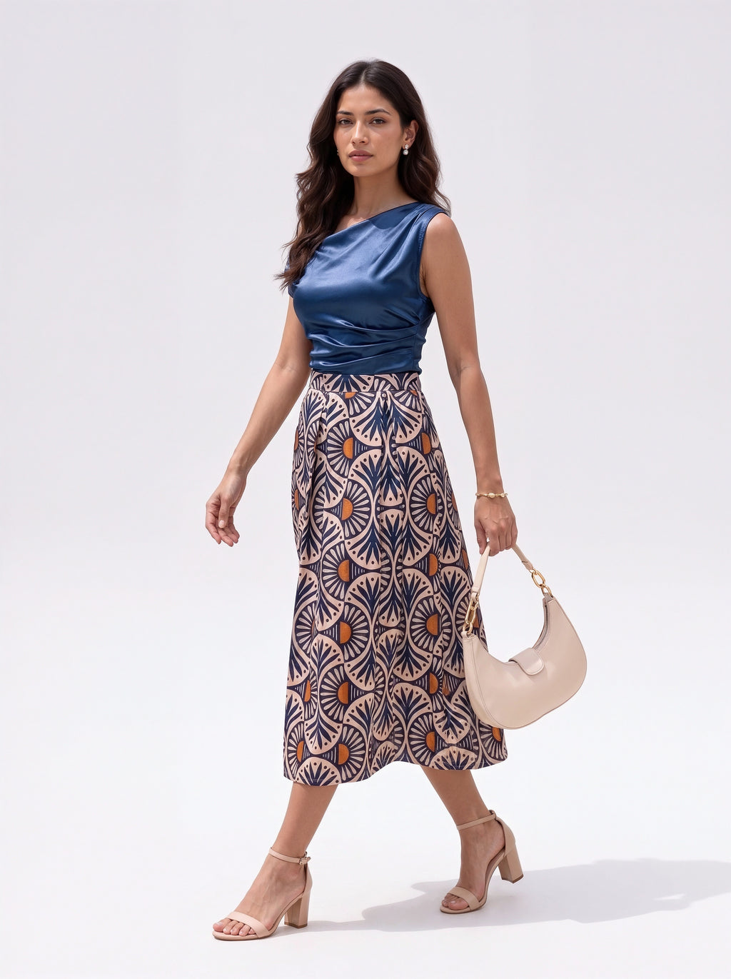 Blue Geometric Printed Pleated Midi Skirt